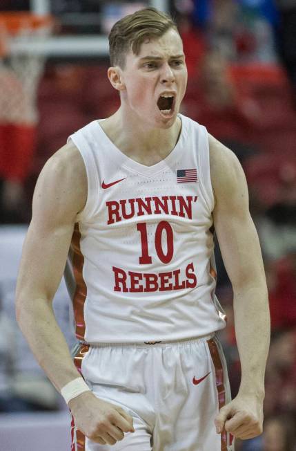 UNLV Rebels guard Jonah Antonio (10) celebrates a big play in the second half during an NCAA ba ...