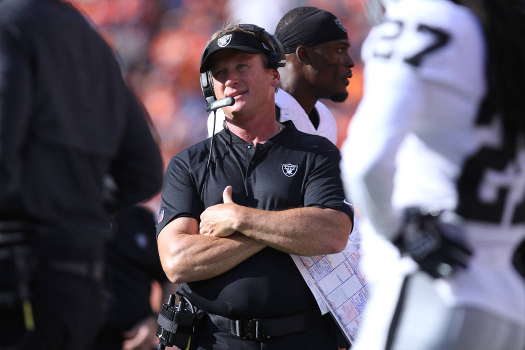 Oakland Raiders head coach Jon Gruden on the sideline during the second half of their NFL game ...