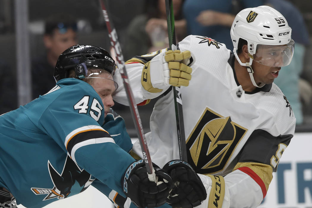 Vegas Golden Knights right wing Keegan Kolesar (55) skates in front of San Jose Sharks' Lean Be ...