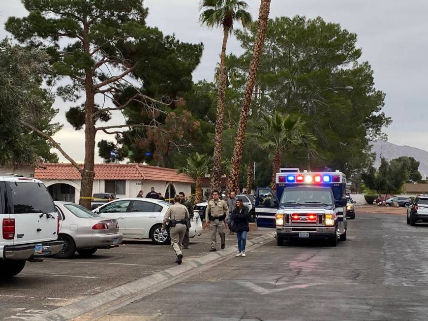 Las Vegas police investigate a homicide at a single-story apartment complex on the 3500 block F ...