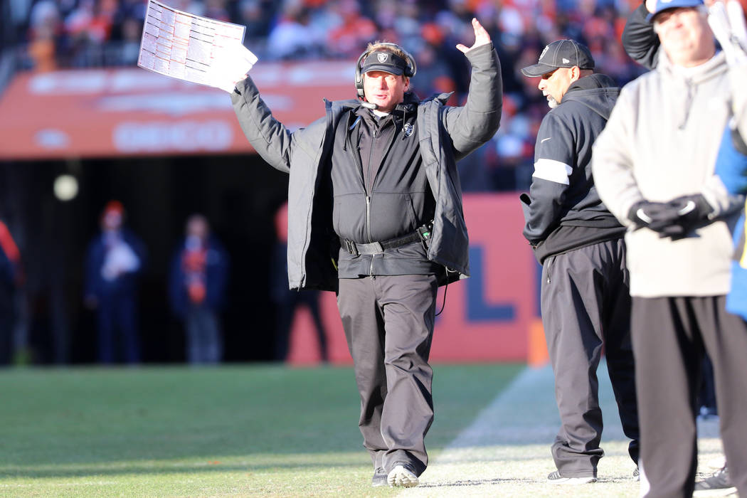 Oakland Raiders head coach Jon Gruden reacts to referees upholding that fullback Alec Ingold (4 ...