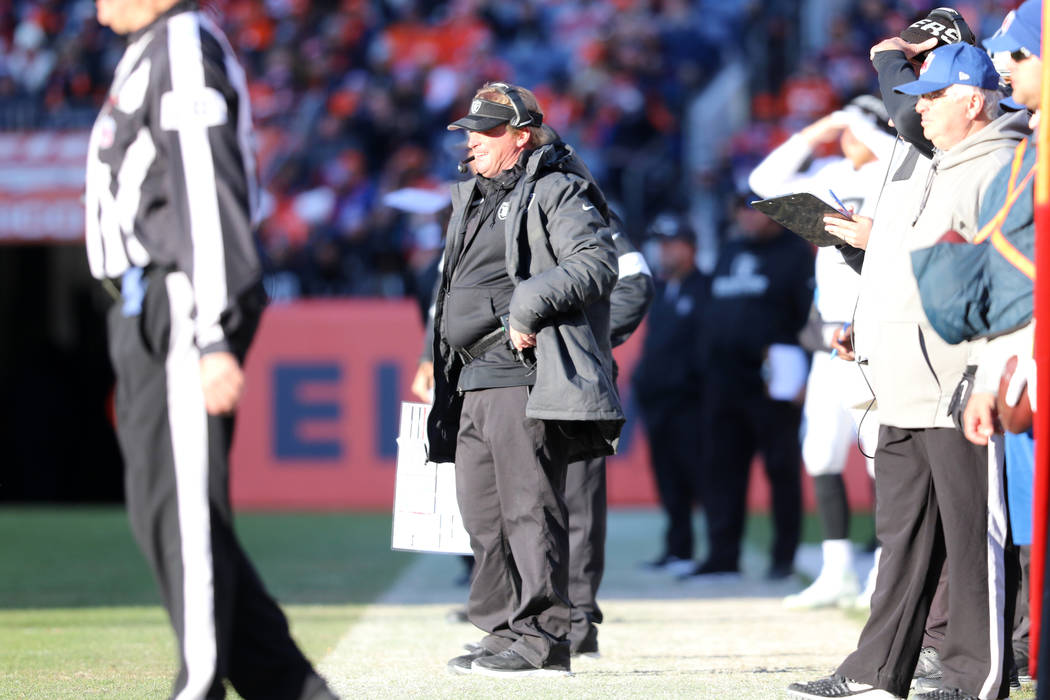 Oakland Raiders head coach Jon Gruden reacts on the sideline during the first half of an NFL ga ...