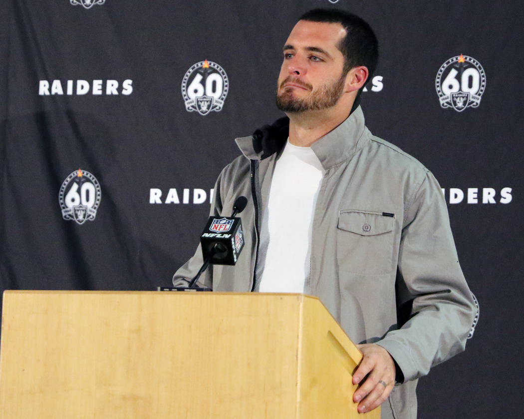 Oakland Raiders quarterback Derek Carr reacts at a postgame press conference following the team ...