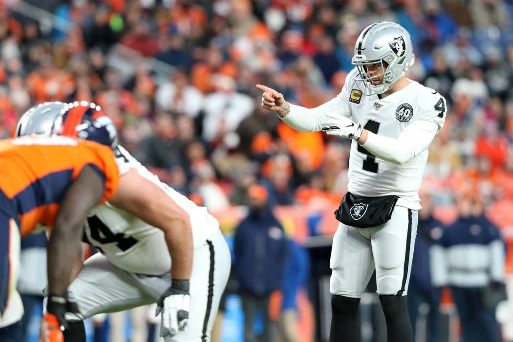 Oakland Raiders quarterback Derek Carr (4) gestures during the second half of an NFL game again ...