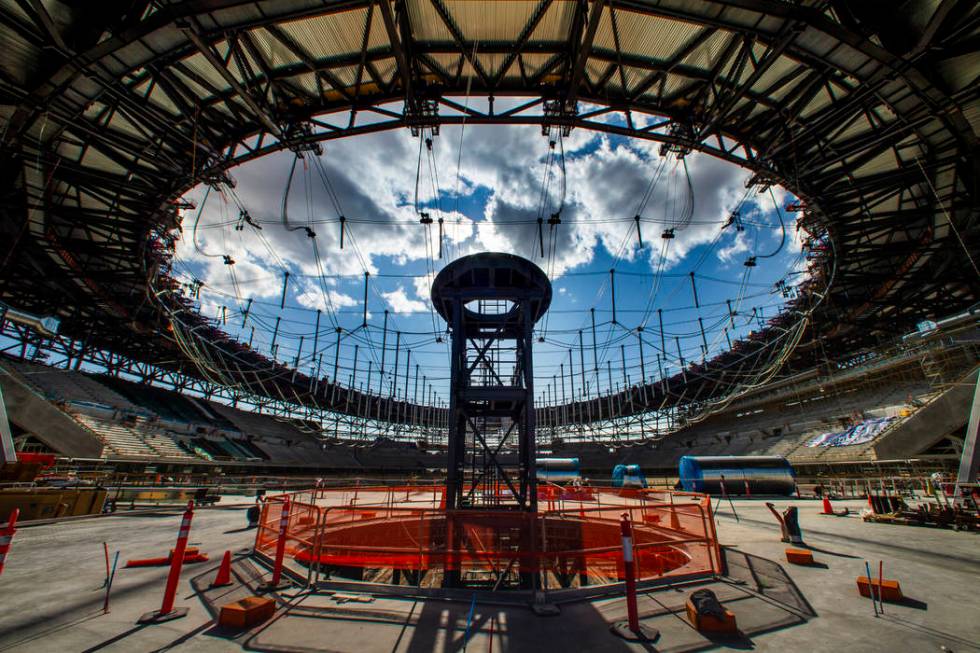 Construction of the Al Davis memorial torch during an Allegiant Stadium tour on Monday, Nov. 25 ...