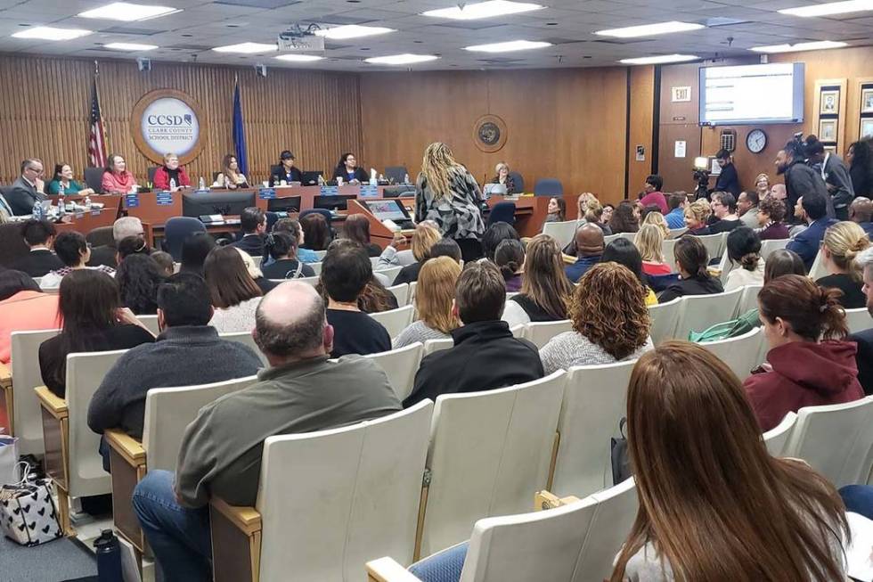 The Clark County School Board of Trustees met Thursday, Dec. 12, 2019, before a packed chamber ...