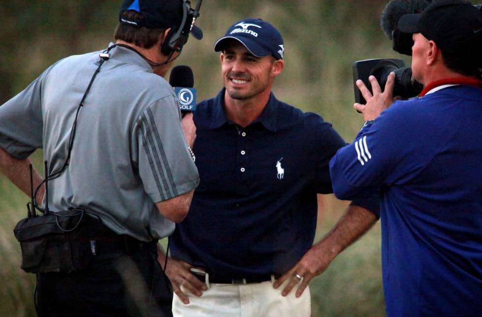 PGA golfer Jonathan Byrd is interviewed after sinking a hole-in-one in the Justin Timberlake Sh ...