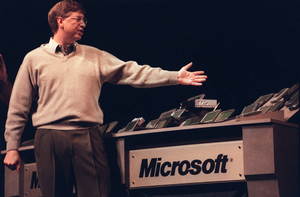 Microsoft's Bill Gates introduces the Palm PC during a keynote speech at the 1998 CES. (Las Veg ...
