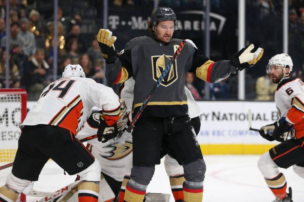 Vegas Golden Knights right wing Mark Stone (61) looks on as he loses his stick in a play during ...