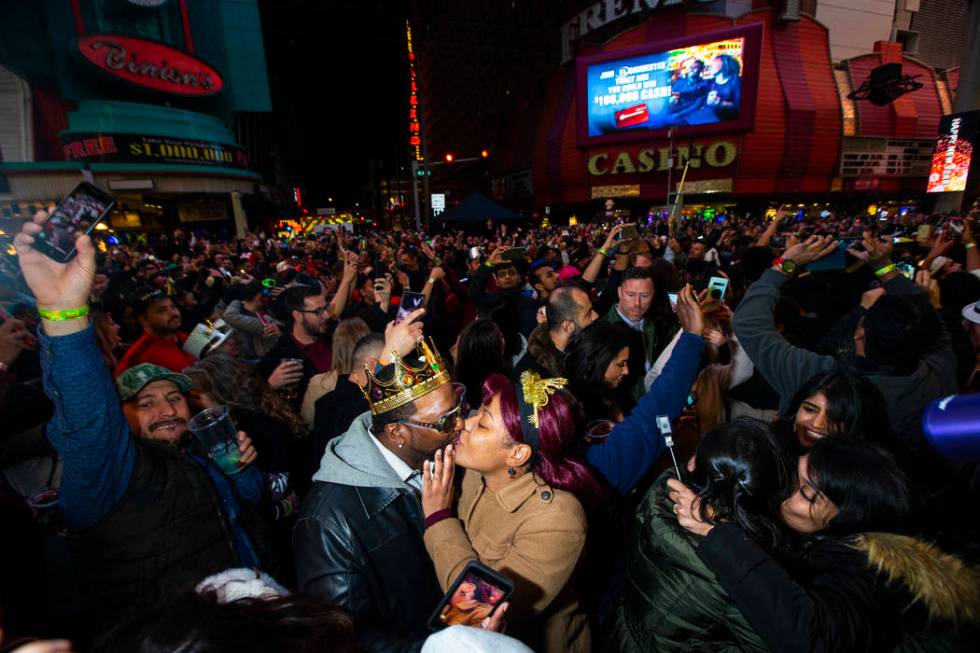 Revelers celebrate during a New Year's party at the Fremont Street Experience in downtown Las V ...