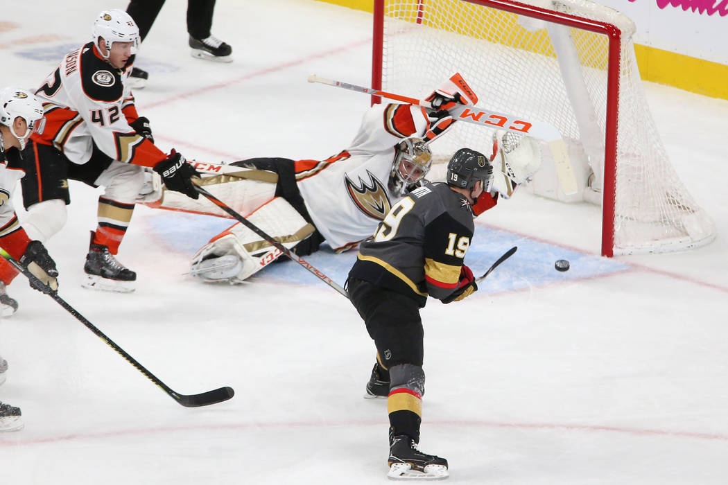 Vegas Golden Knights right wing Reilly Smith (19) shoots for a score against the Anaheim Ducks ...