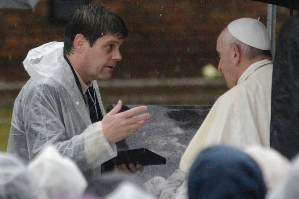 Pope Francis speaks to Tyge O'Donnell at Nagasaki Hypocenter Park in Nagasaki, Nagasaki prefect ...