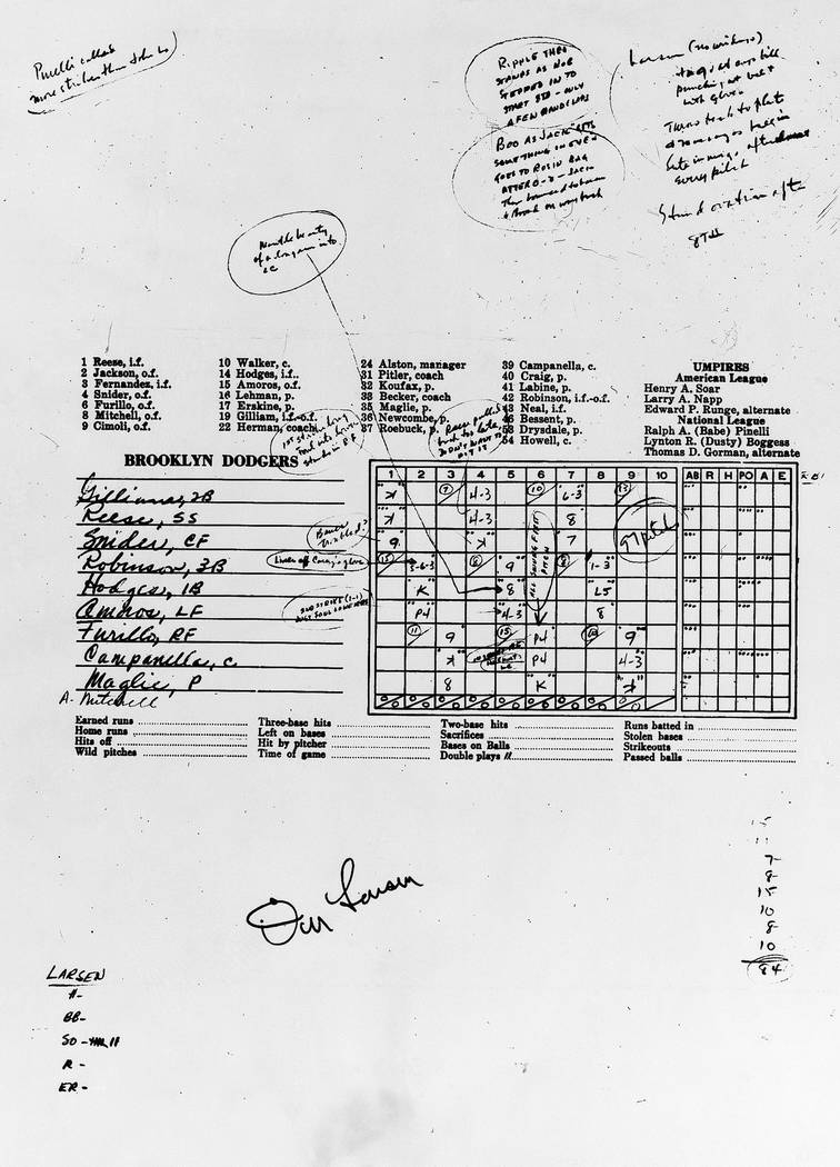 Scorecard for Dan Larsen's perfect game against the Dodgers in the World Series, Oct. 8, 1956, ...