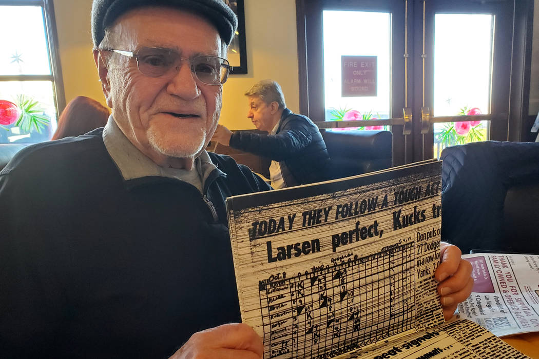 Longtime Las Vegan Herb Jaffe holds a photocopy of his story about Don Larsen of the New York Y ...