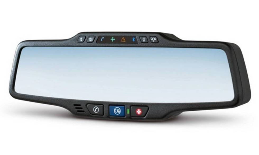 A car's rear-view mirror bears a button for the now-common OnStar roadside guidance and emergen ...