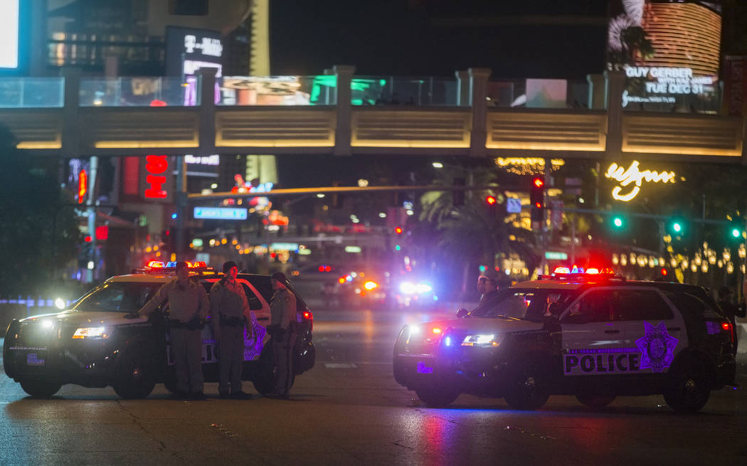 Metro provides security on the Strip on Tuesday, Dec. 31, 2019, in Las Vegas. (Benjamin Hager/L ...