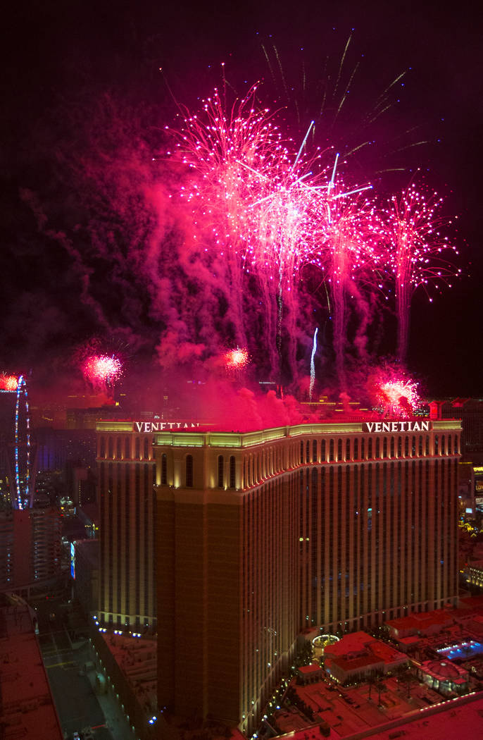 Fireworks light up the sky above The Venetian on the Strip on Wednesday, Jan. 1, 2020, in Las V ...