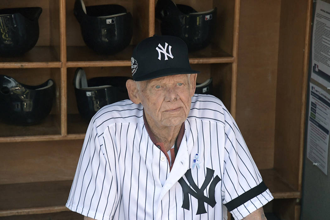 New York Yankees' Don Larsen in the dugout before the Yankees Old Timers' Day baseball game Sun ...