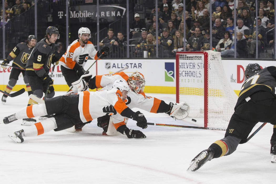 Vegas Golden Knights left wing Max Pacioretty (67) scores on Philadelphia Flyers goaltender Car ...