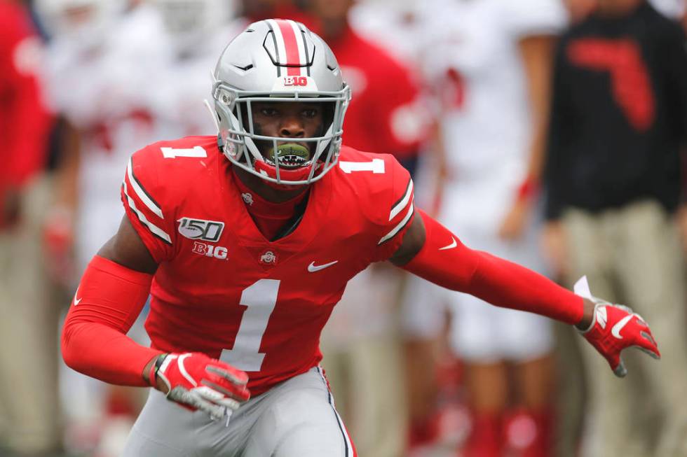 In this Aug. 31, 2019, file photo, Ohio State defensive back Jeff Okudah plays against Florida ...