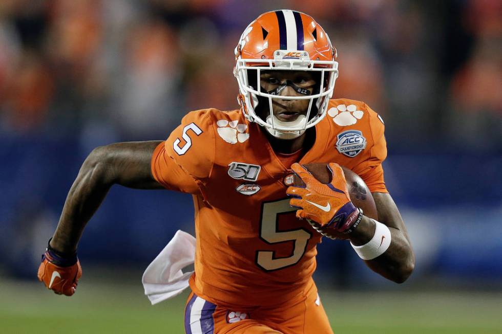 Clemson wide receiver Tee Higgins (5) runs against Virginia during the first half of the Atlant ...