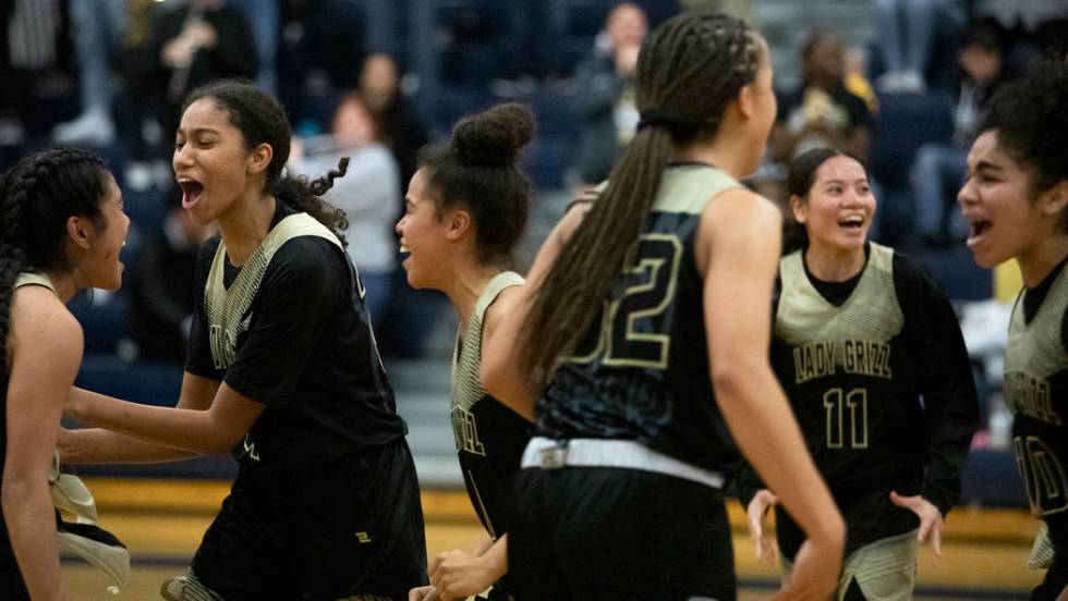 Spring Valley girls basketball celebrates a win against Desert Oasis on Tuesday, Jan. 7, 2020, ...