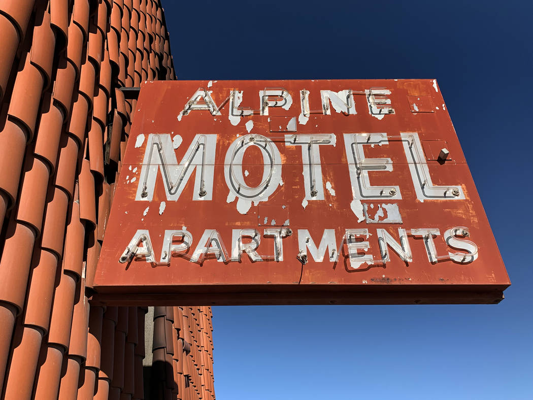 The sign outside the Alpine Motel Apartments pictured on Thursday, Jan. 9, 2020, in Las Vegas. ...