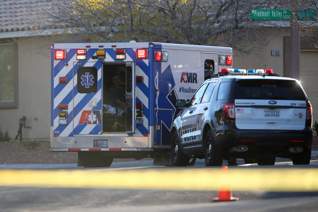 The scene of an investigation by Las Vegas police at the 11000 block of Piedmont Valley Avenue ...