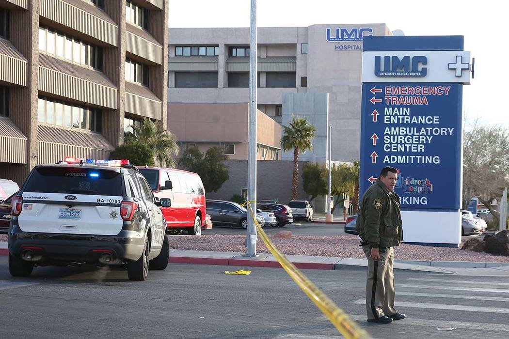 Las Vegas police deal with a woman barricaded in a vehicle in a parking lot at University Medic ...