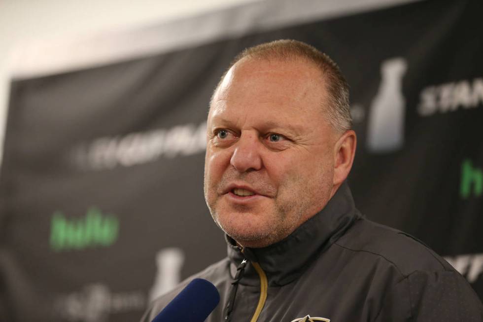 Vegas Golden Knights head coach Gerard Gallant speaks during a press conference at City Nationa ...