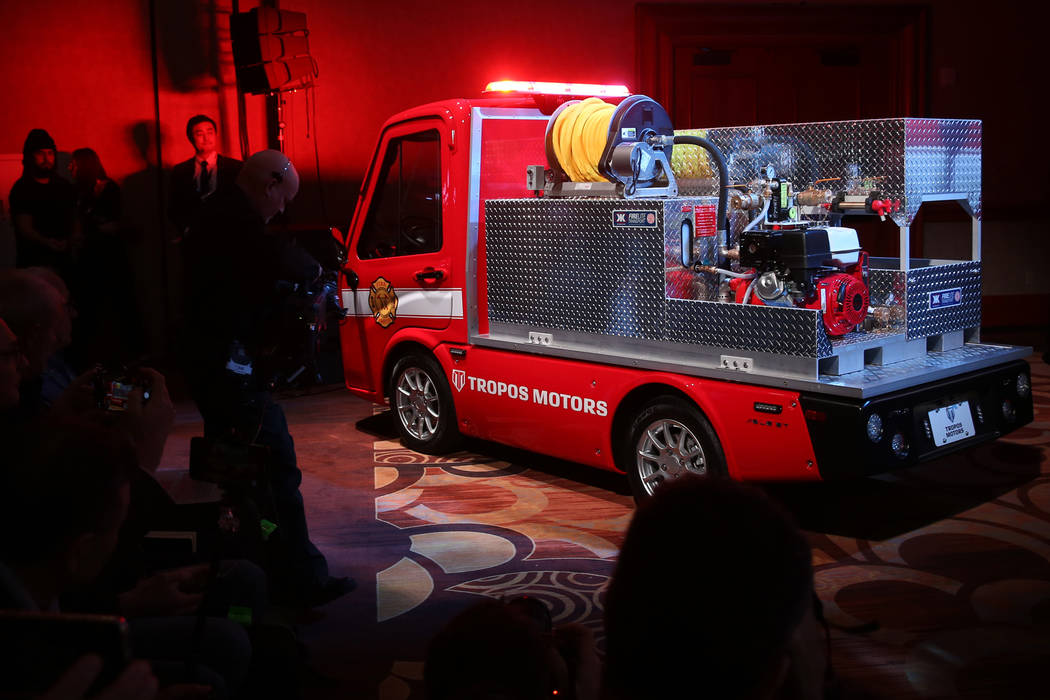 The Tropos Motors ABLE FRV fire truck during the Panasonic news conference at Mandalay Bay Conv ...