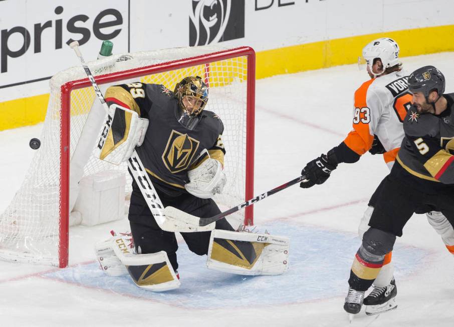 Vegas Golden Knights goaltender Marc-Andre Fleury (29) makes a save against Philadelphia Flyers ...