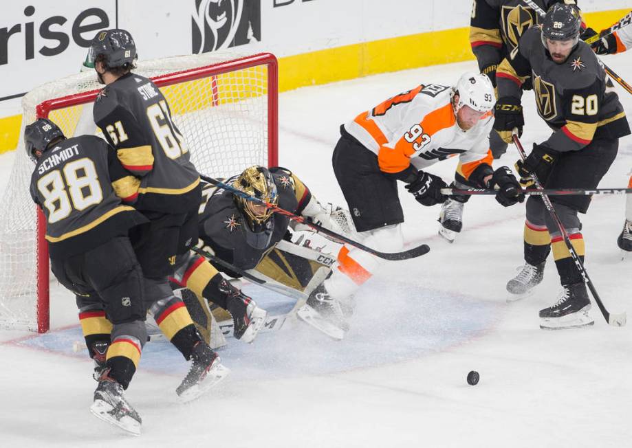 Vegas Golden Knights goaltender Marc-Andre Fleury (29) makes a save against Philadelphia Flyers ...