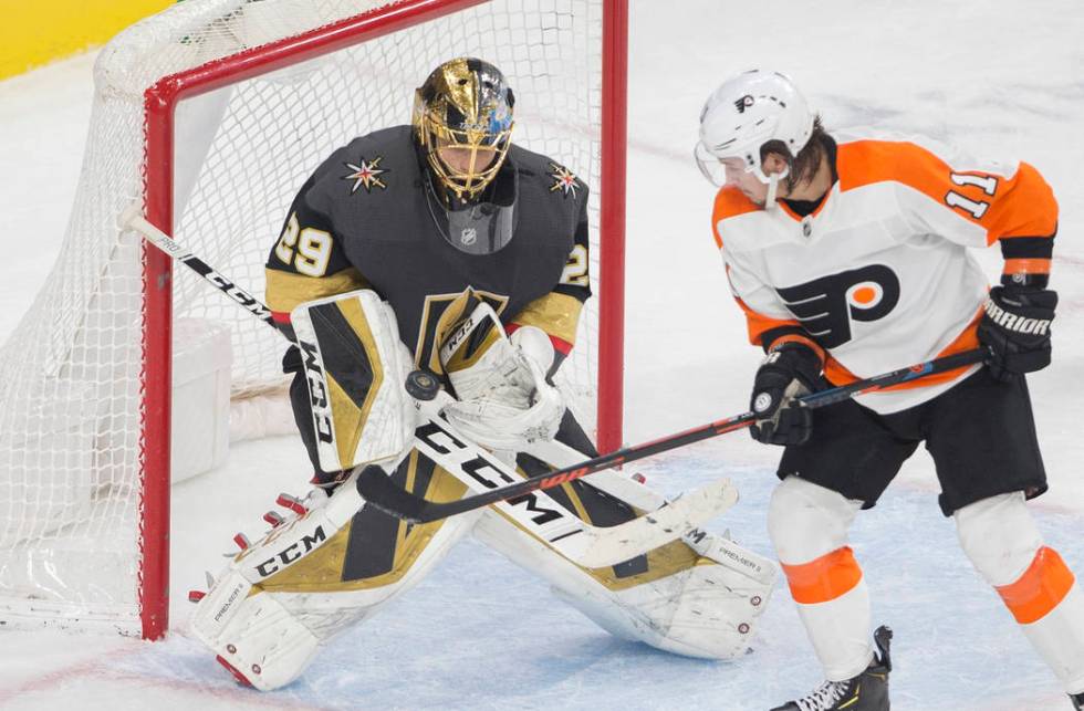 Vegas Golden Knights goaltender Marc-Andre Fleury (29) makes a save against Philadelphia Flyers ...