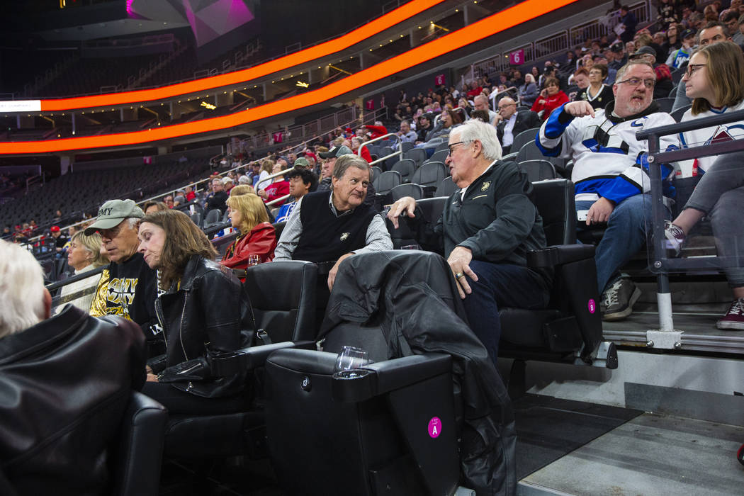 Golden Knights owner Bill Foley, center right, chats with a fellow Army supporter as the team p ...