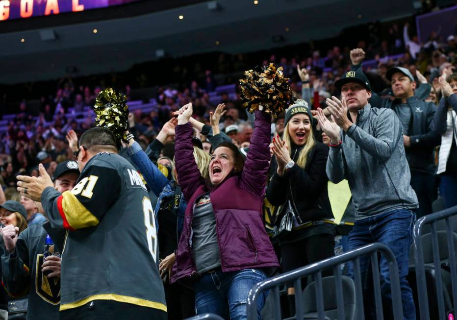 Golden Knights fans celebrate a goal by Golden Knights' Paul Stastny during the second period o ...