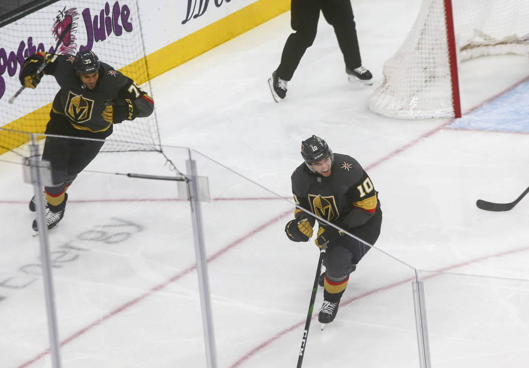 Golden Knights' Nicolas Roy (10) reacts after scoring against the St. Louis Blues during the th ...