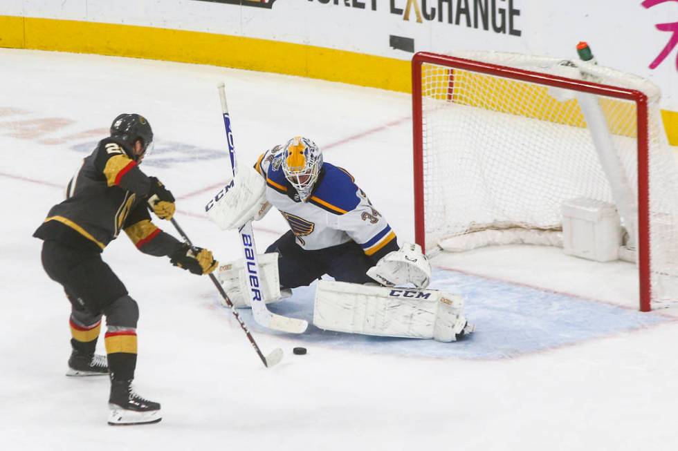 Golden Knights' Chandler Stephenson (20) lines up his game-winning shot against St. Louis Blues ...