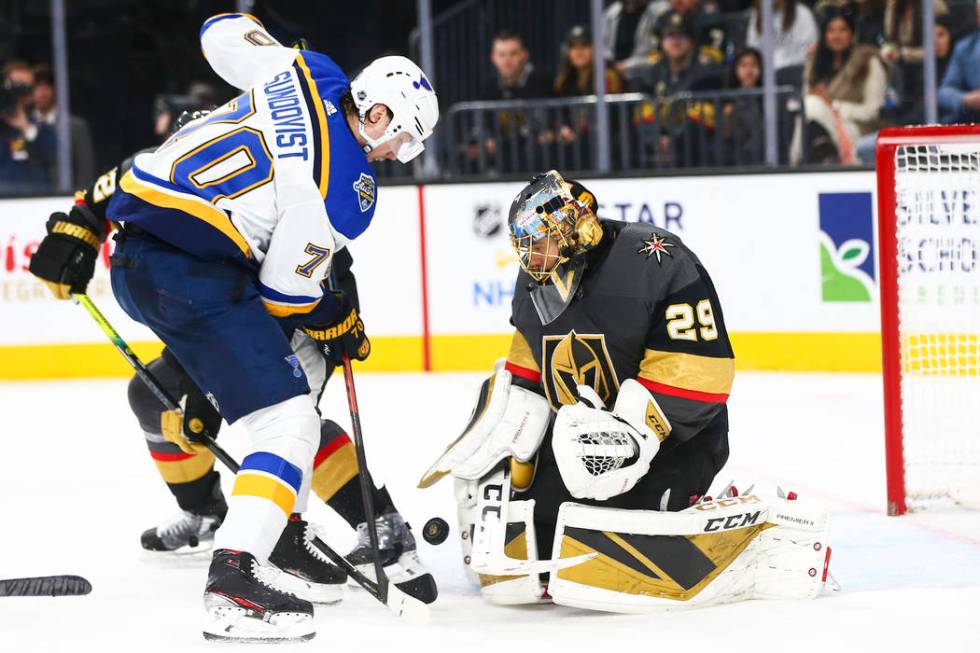 Golden Knights goaltender Marc-Andre Fleury (29) blocks the puck against St. Louis Blues' Oskar ...