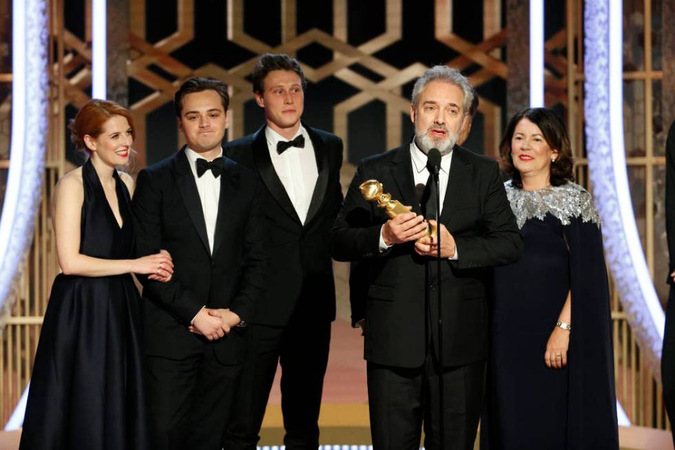 This image released by NBC shows filmmaker Sam Mendes accepting the award for best motion pictu ...