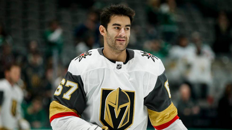 Vegas Golden Knights forward Max Pacioretty (67) before an NHL hockey game against the Dallas S ...