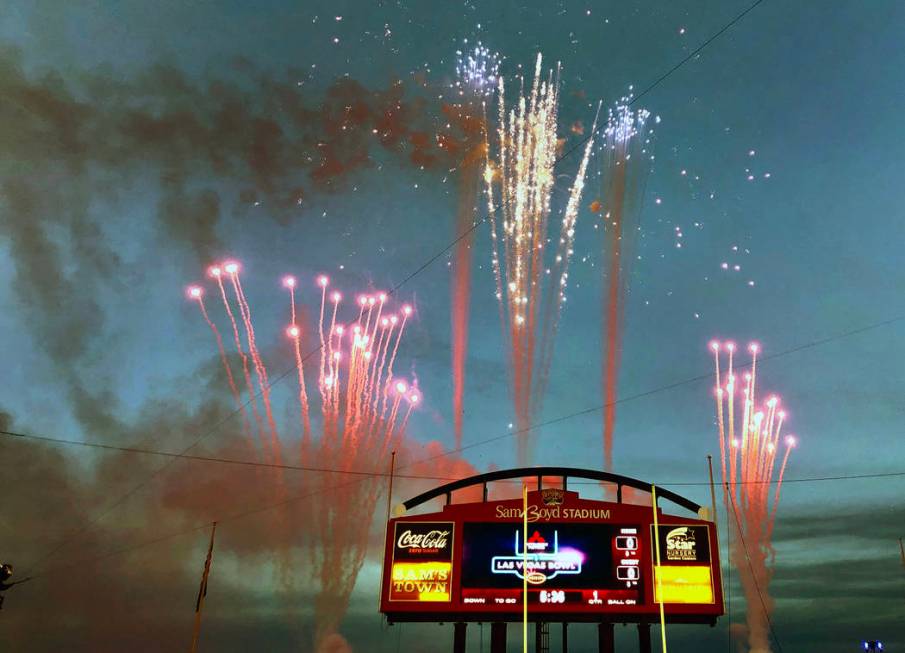 Fireworks welcome all to the Las Vegas Bowl football game with the Washington Huskies versus Bo ...