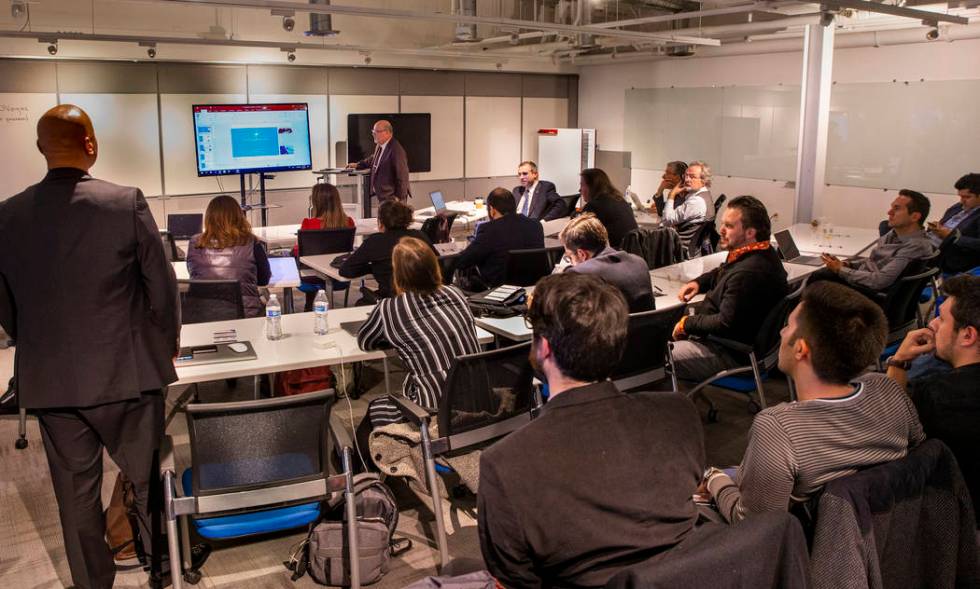 Members of the Turkish Trade Expo listen to a presentation by StartUP NV at the International I ...