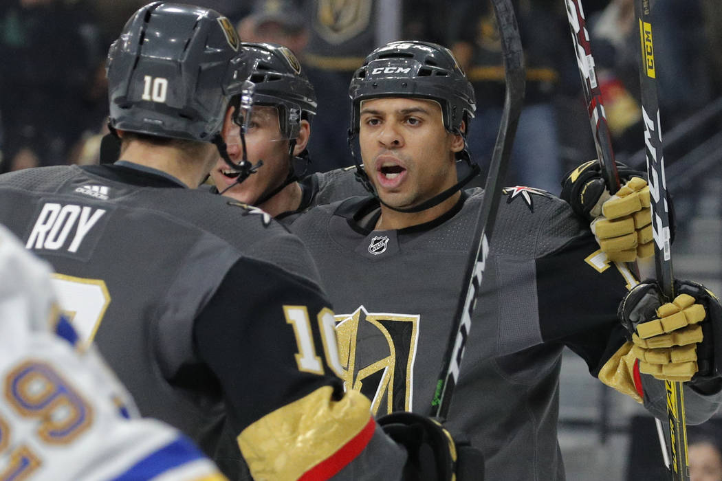 Vegas Golden Knights right wing Ryan Reaves (75) celebrates after scoring against the St. Louis ...