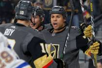 Vegas Golden Knights right wing Ryan Reaves (75) celebrates after scoring against the St. Louis ...