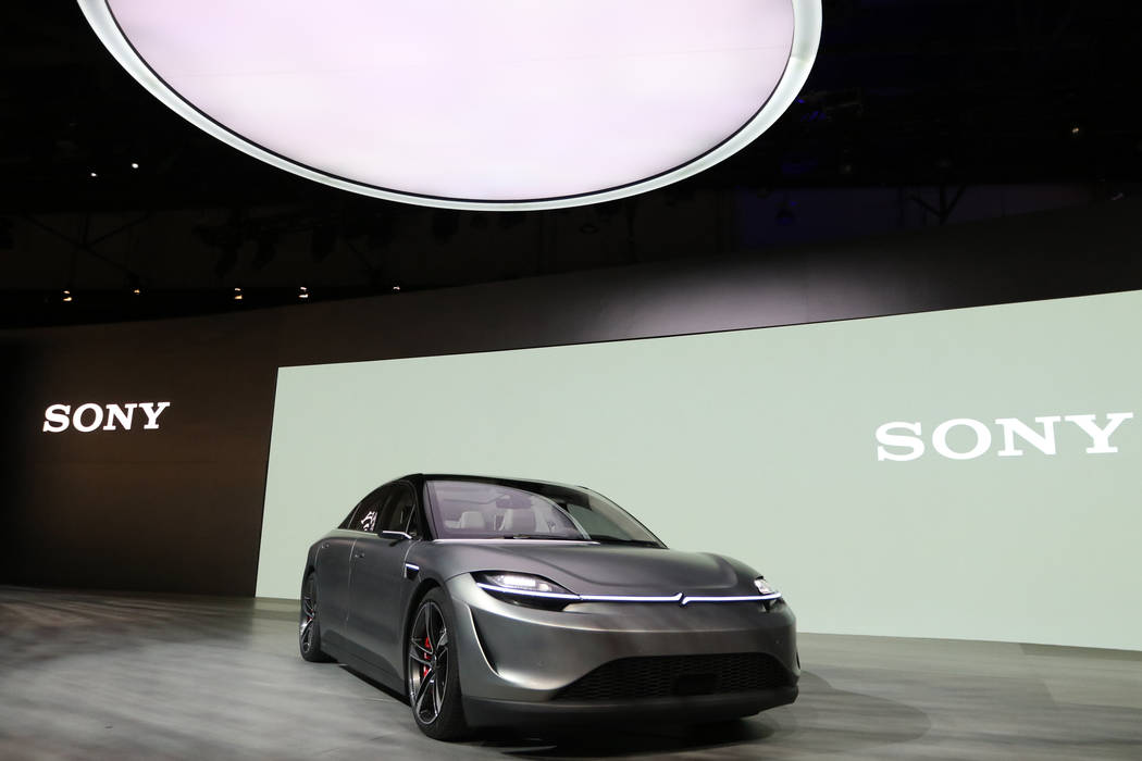 The Sony Corporation's prototype of the Vision-S sedan on display during a presentation at the ...