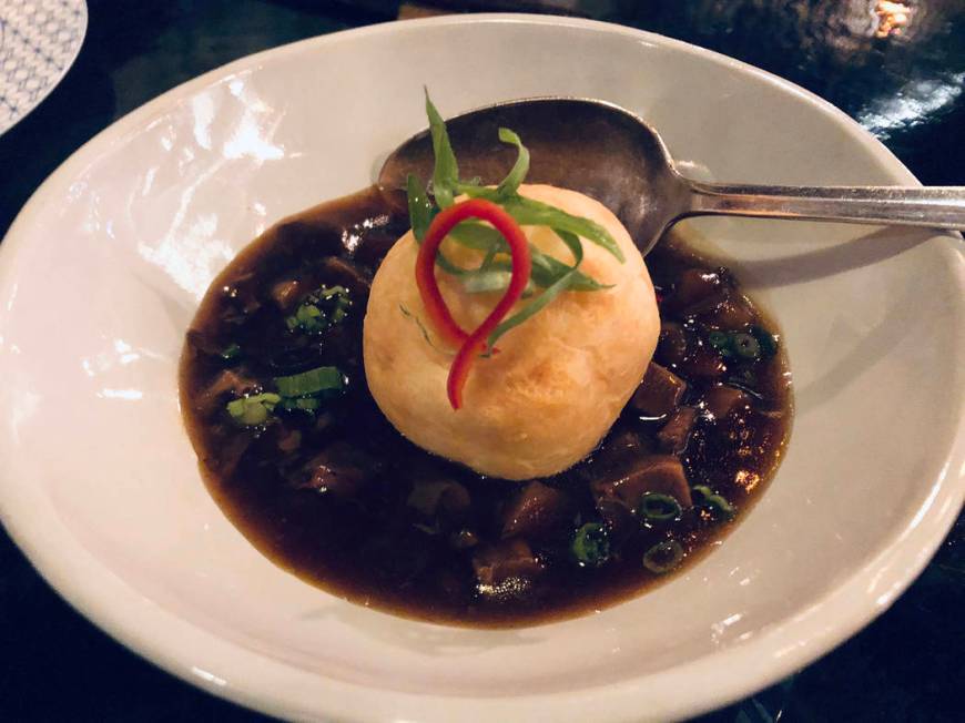 Fried mashed potatoes over beef short rib, on Mott 32's Bottomless Brunch menu. (Al Mancini/Las ...