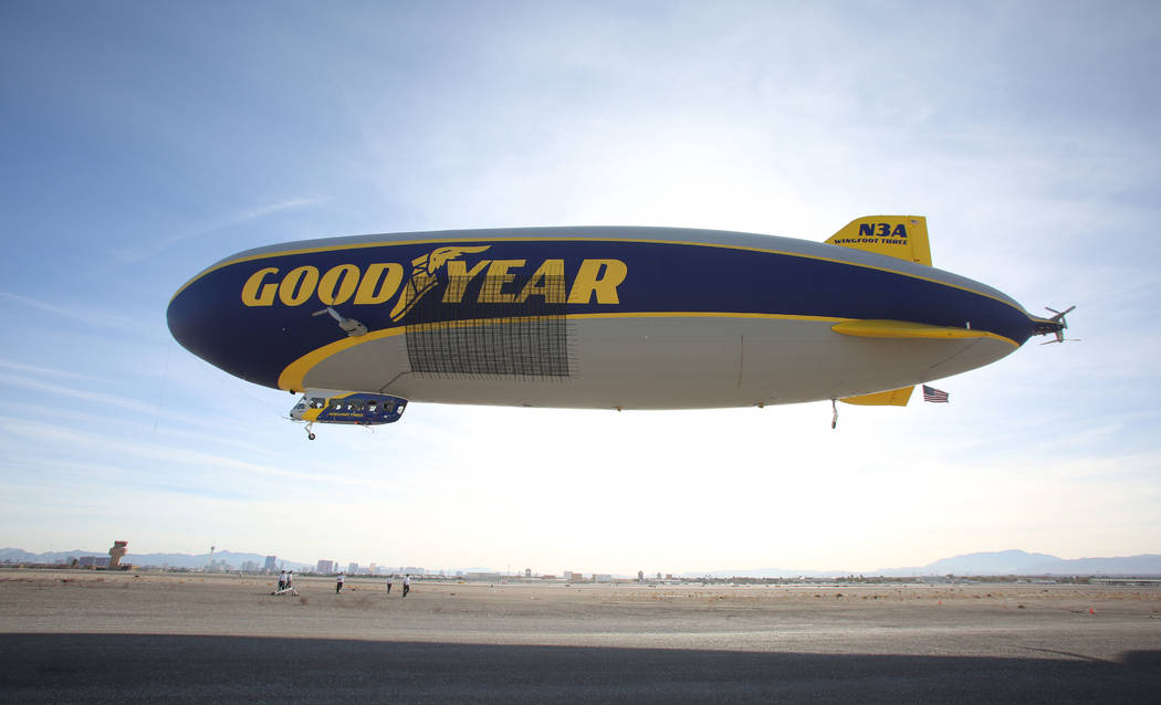 The Goodyear blimp lifts off from North Las Vegas Airport on Tuesday, January 7, 2020. (Michael ...