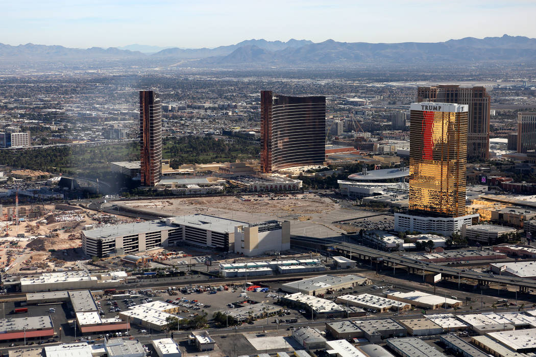 An aerial view of the Encore, Wynn and Trump towers on the Las Vegas Strip as seen from the Goo ...