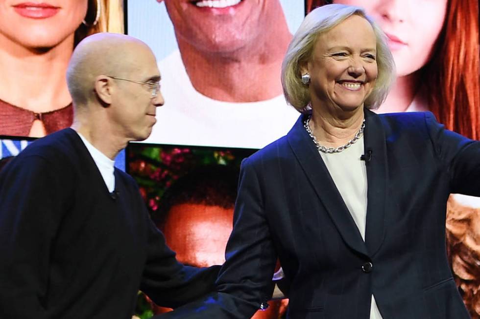 LAS VEGAS, NEVADA - JANUARY 08: Quibi CEO Meg Whitman (R) joins Quibi Founder Jeffrey Katzenber ...